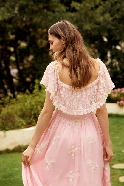 Pink Chiffon Maxi Dresses with Square Neck Off Shoulder Two Way Wear Floral Embroidery Lace Trim Puff Sleeves Velvet Bow and Flared Maxi Skirt