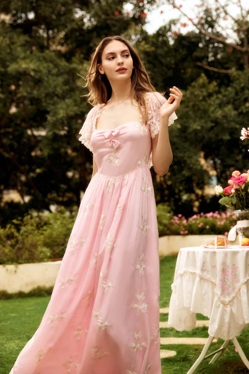 Pink Chiffon Maxi Dresses with Square Neck Off Shoulder Two Way Wear Floral Embroidery Lace Trim Puff Sleeves Velvet Bow and Flared Maxi Skirt