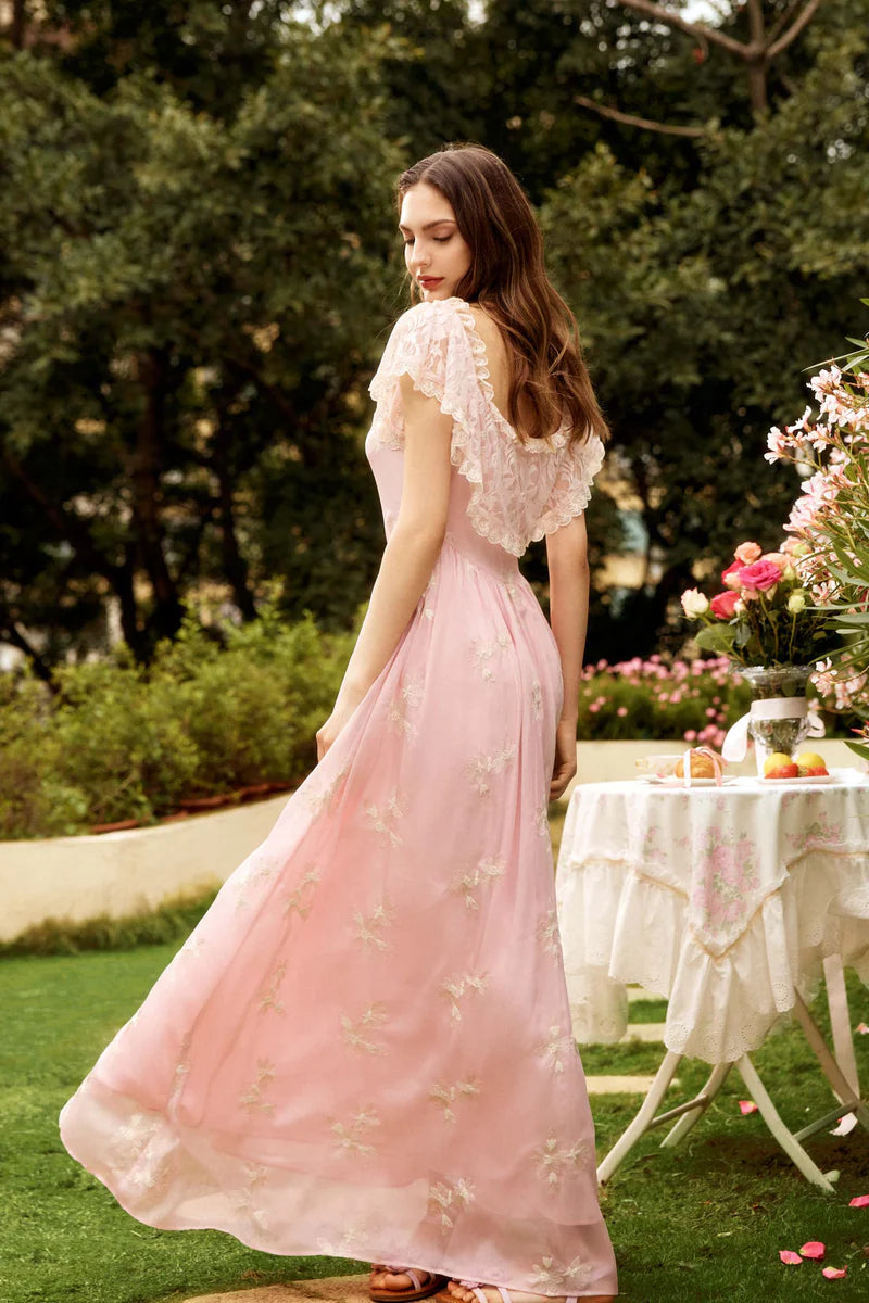Pink Chiffon Maxi Dresses with Square Neck Off Shoulder Two Way Wear Floral Embroidery Lace Trim Puff Sleeves Velvet Bow and Flared Maxi Skirt