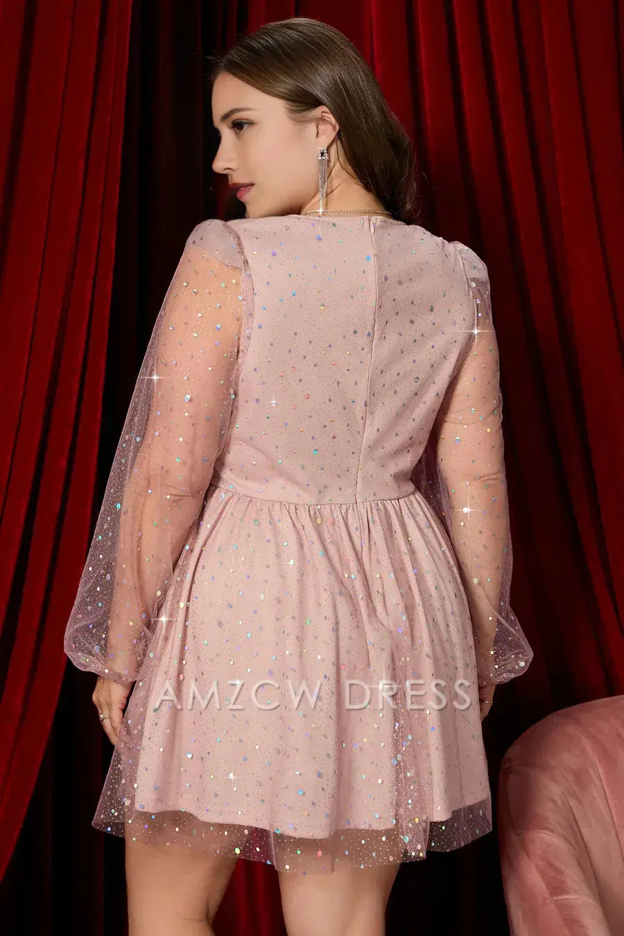 Amzcw Elegant Pink Deep V Neck Illusion Sleeves Beaded Homecoming Dress formal wear dresses
