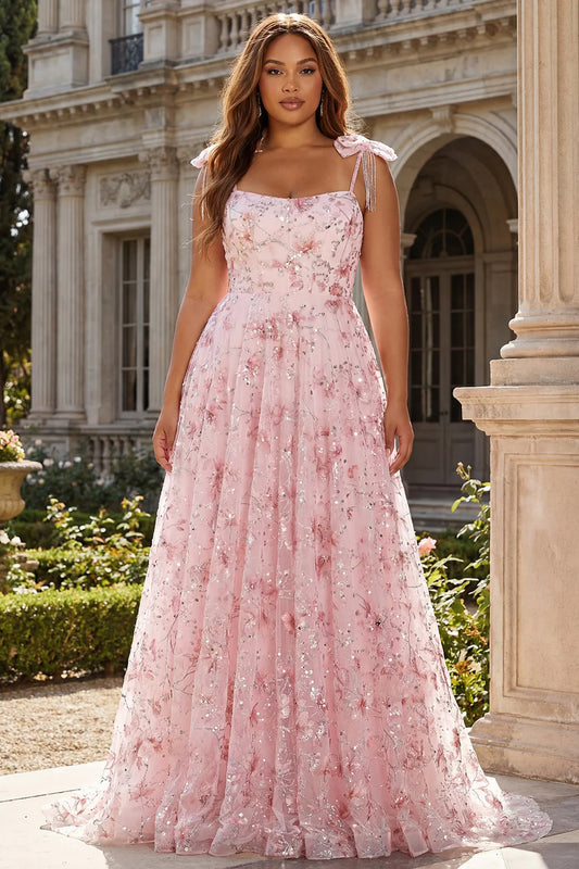 Pink Floral Embroidered A-Line Prom Dress with Bow Spaghetti Strap Square Neck Glitter Tulle Floor-Length Evening Gown