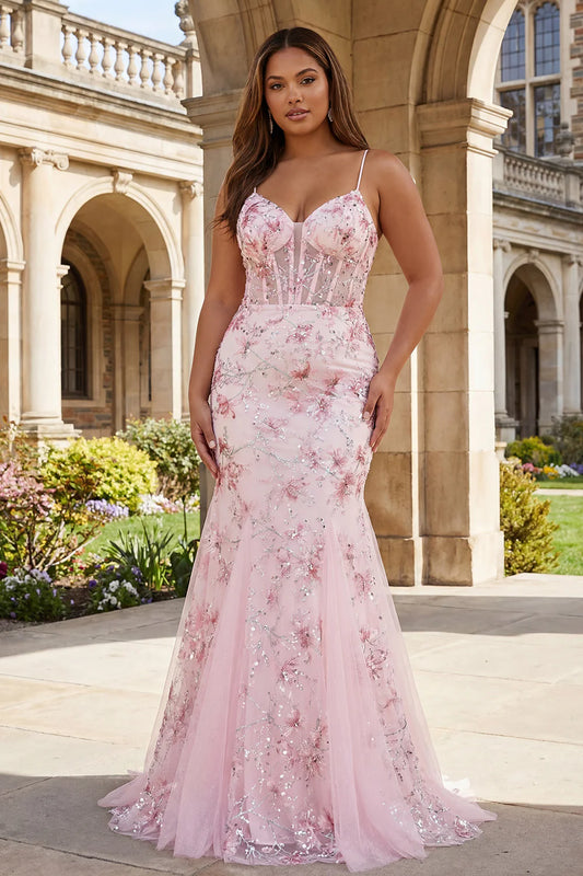 Pink Floral Embroidered Mermaid Prom Dress with Spaghetti Strap V-Neck Sheer Corset Lace-Up Back Glitter Tulle Floor-Length Evening Gown