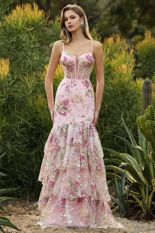 Pink Floral Embroidered Mermaid Prom Dress with Spaghetti Straps and Ruffles