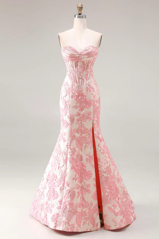 Pink Floral Jacquard Strapless Corset Mermaid Maxi Prom Dress with Slit and Beaded Bust