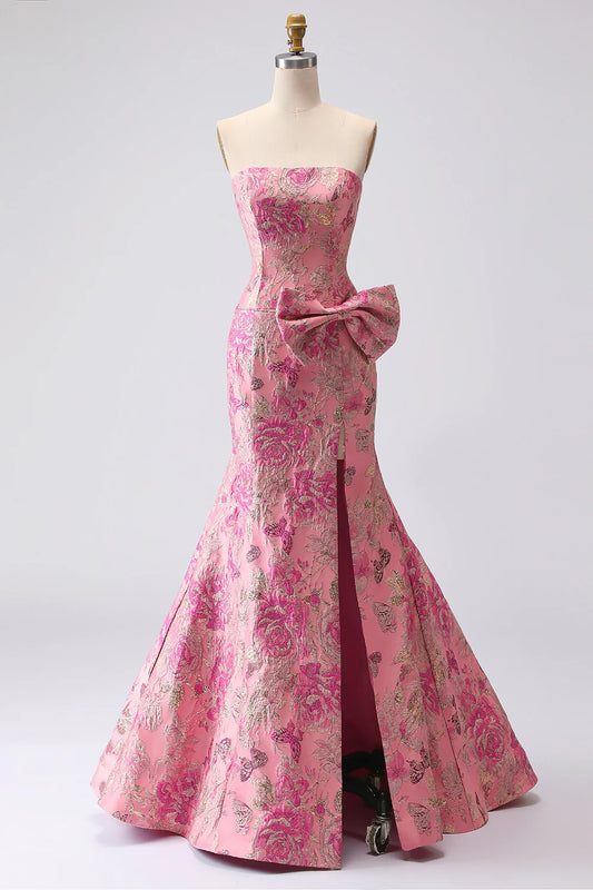 Pink Floral Jacquard Strapless Mermaid Prom Dress with Oversized Bow High Slit Floor Length Formal Evening Gown for Wedding Guest Cocktail Party