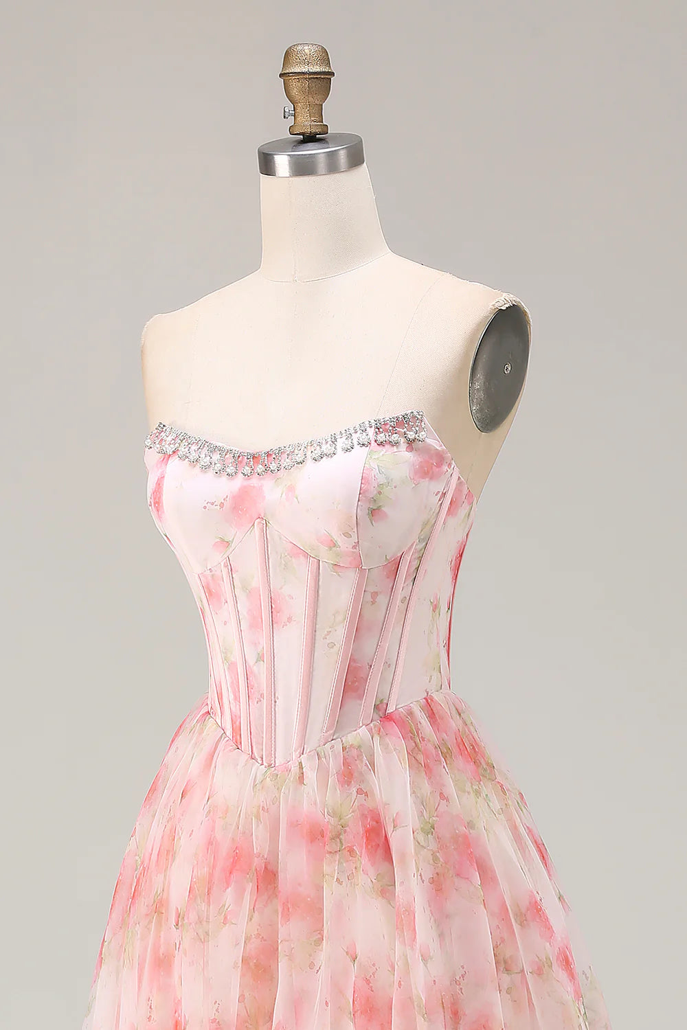 Pink Floral Print Strapless A-Line Prom Dress with Beading and Ruffles