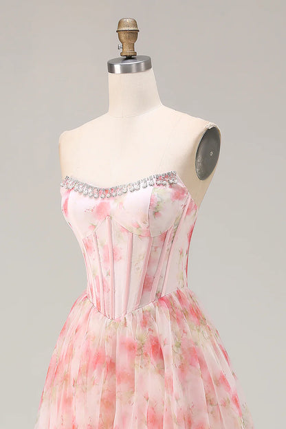Pink Floral Print Strapless A-Line Prom Dress with Beading and Ruffles