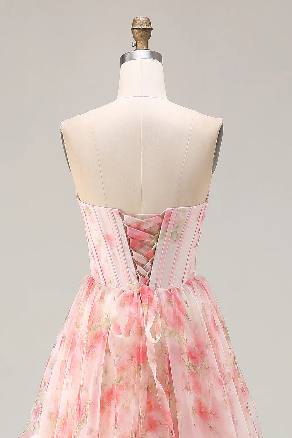 Pink Floral Print Strapless A-Line Prom Dress with Beading and Ruffles