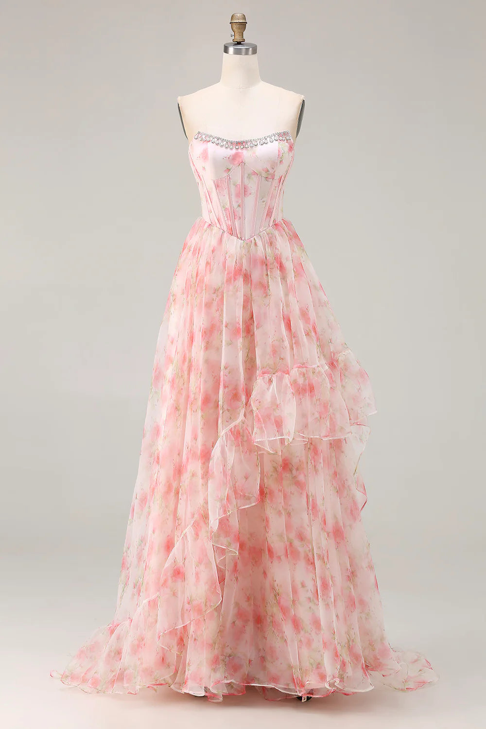 Pink Floral Print Strapless A-Line Prom Dress with Beading and Ruffles