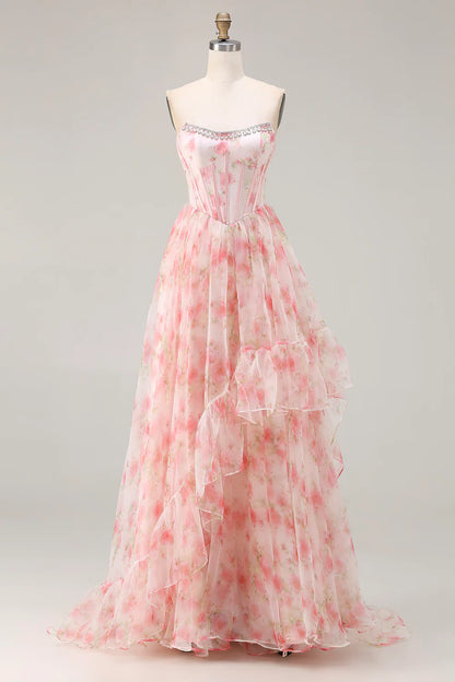 Pink Floral Print Strapless A-Line Prom Dress with Beading and Ruffles