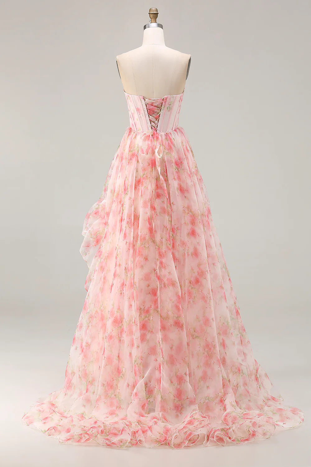Pink Floral Print Strapless A-Line Prom Dress with Beading and Ruffles