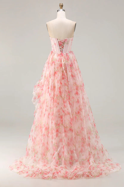 Pink Floral Print Strapless A-Line Prom Dress with Beading and Ruffles