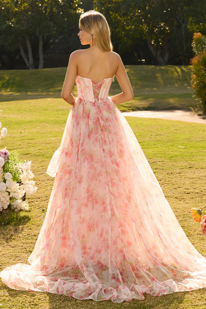 Pink Floral Print Strapless A-Line Prom Dress with Beading and Ruffles