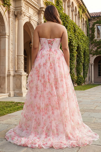 Pink Floral Print Strapless A-Line Prom Dress with Beading and Ruffles