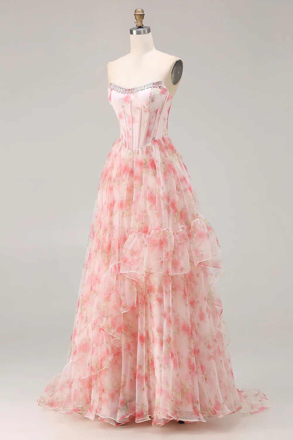 Pink Floral Print Strapless A-Line Prom Dress with Beading and Ruffles