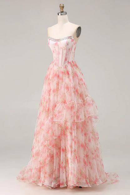 Pink Floral Print Strapless A-Line Prom Dress with Beading and Ruffles