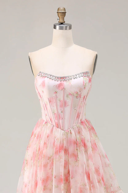 Pink Floral Print Strapless A-Line Prom Dress with Beading and Ruffles