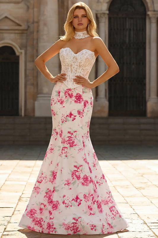 Pink Floral Print Strapless Lace Corset Mermaid Prom Dress with Choker Neck Detail