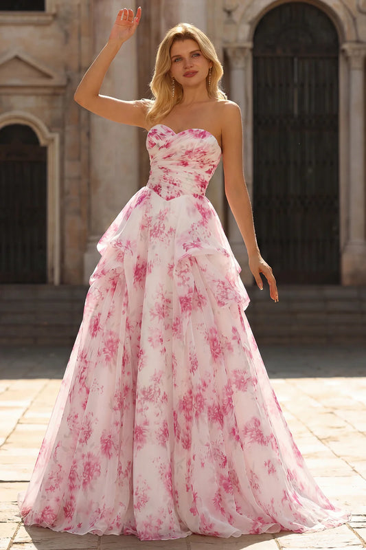 Pink Floral Print Strapless Sweetheart Neck Tiered Ruffle A-Line Prom Dress with Train