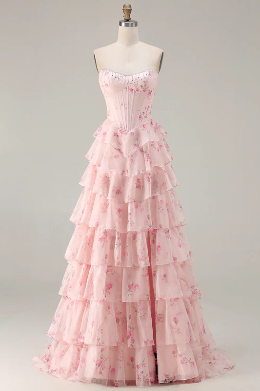 Pink Floral Print Strapless Tiered Ruffle Corset Back Prom Dress with Beading