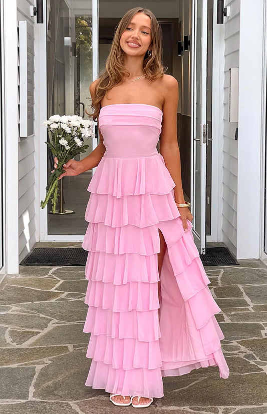 Pink Maxi Dresses with Strapless Design Tiered Ruffled Skirt Lace Up Back and Side Slit