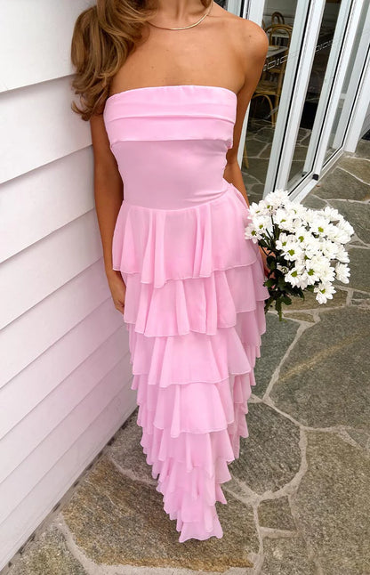 Pink Maxi Dresses with Strapless Design Tiered Ruffled Skirt Lace Up Back and Side Slit