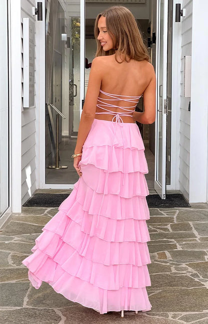 Pink Maxi Dresses with Strapless Design Tiered Ruffled Skirt Lace Up Back and Side Slit