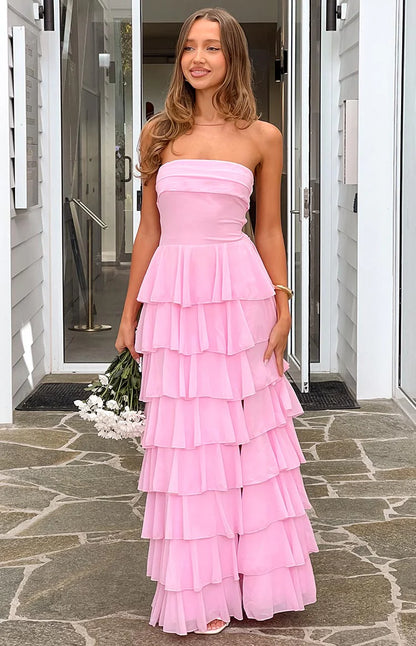 Pink Maxi Dresses with Strapless Design Tiered Ruffled Skirt Lace Up Back and Side Slit
