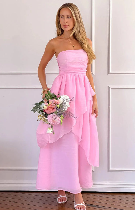 Pink Maxi Dresses with Strapless Ruched Bodice Layered Asymmetrical Skirt and Fitted Waist