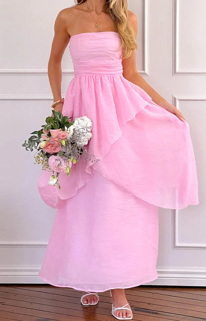 Pink Maxi Dresses with Strapless Ruched Bodice Layered Asymmetrical Skirt and Fitted Waist