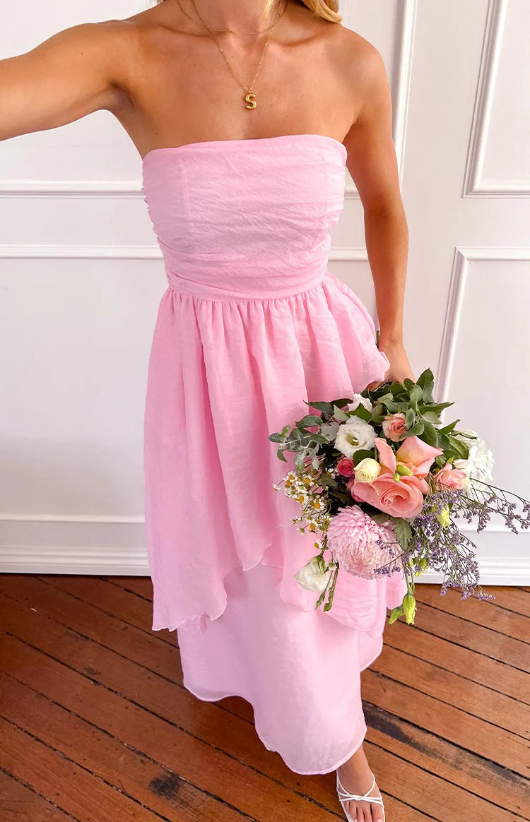Pink Maxi Dresses with Strapless Ruched Bodice Layered Asymmetrical Skirt and Fitted Waist