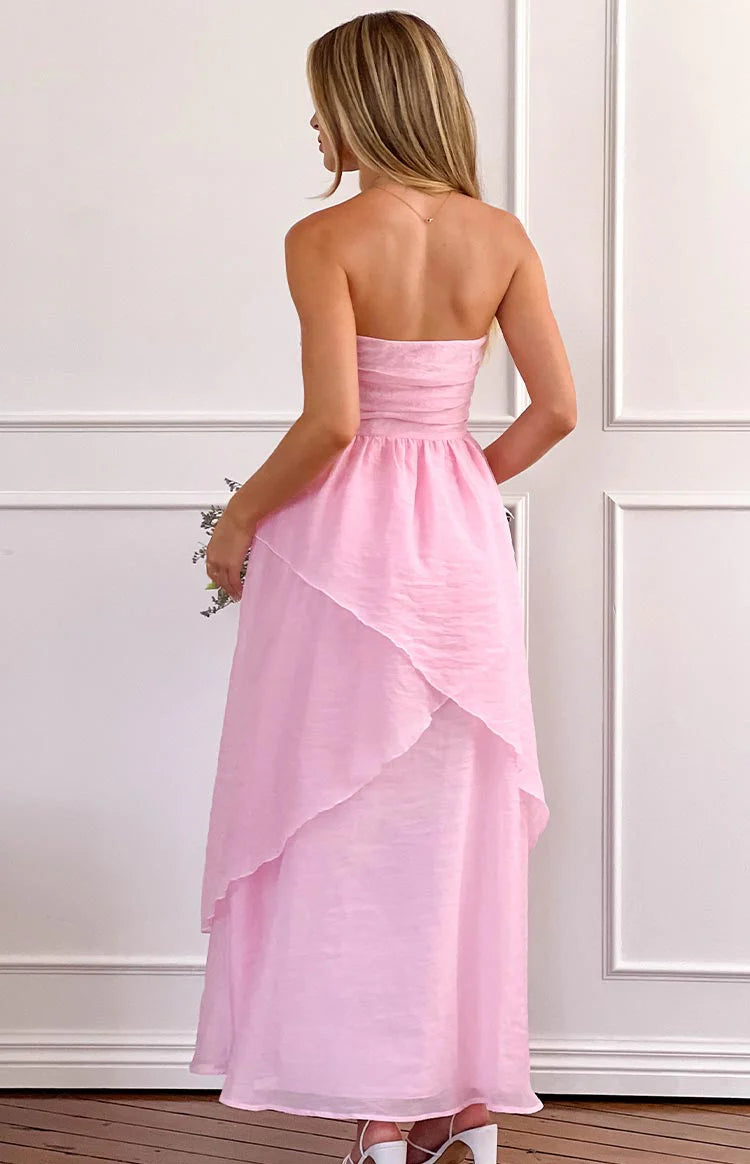 Pink Maxi Dresses with Strapless Ruched Bodice Layered Asymmetrical Skirt and Fitted Waist