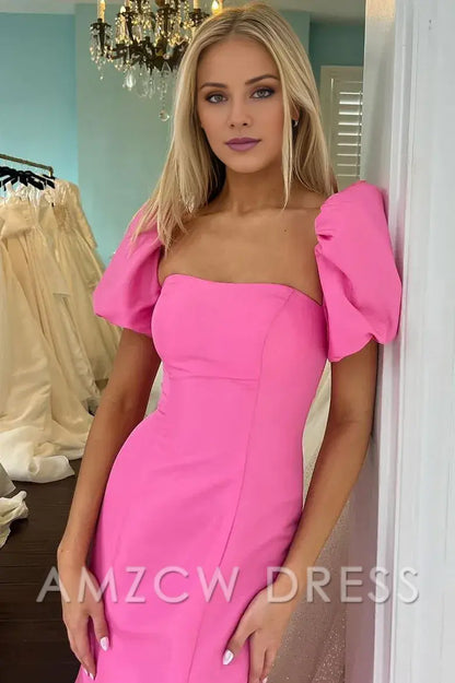 Vestido de fiesta formal largo de satén con mangas cortas y corte sirena rosa de Amzcw