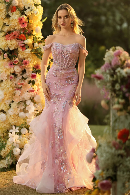 Pink Off-the-Shoulder Mermaid Prom Dress with Sequins and Ruffles
