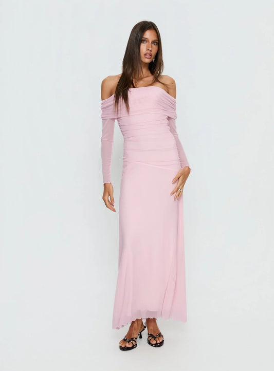 Pink Off Shoulder Prom Dress with Long Mesh Sleeves and Ruched Bodice for Formal Events and Prom Nights