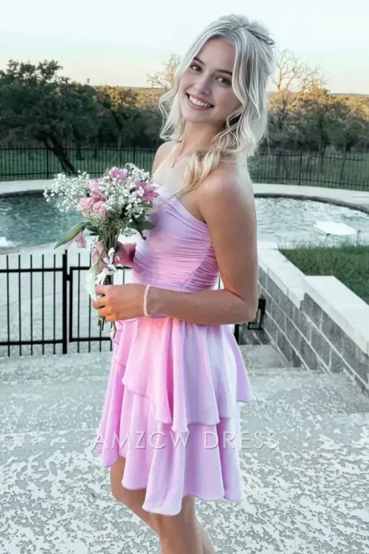Amzcw Elegant Pink Satin A-Line Empire Strapless Tiered Homecoming Dress formal wear dresses