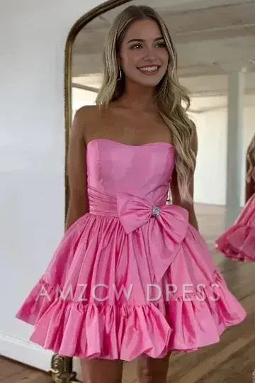 Amzcw Elegant Pink Satin A-Line Strapless Homecoming Dress With Bow formal wear dresses