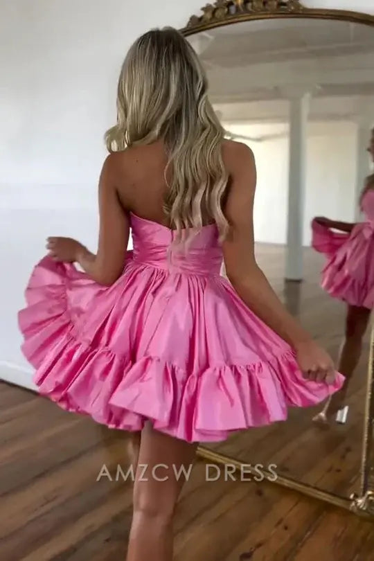 Amzcw Elegant Pink Satin A-Line Strapless Homecoming Dress With Bow formal wear dresses