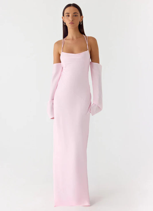 Pink Satin Halter Neck Maxi Prom Dress with Open Back and Detachable Sleeves
