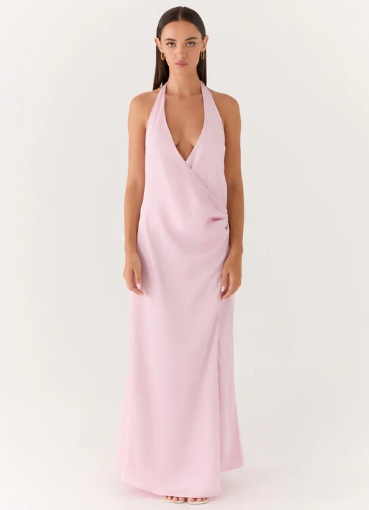 Pink Satin Halter Neck Maxi Prom Dress with Open Back and High Slit