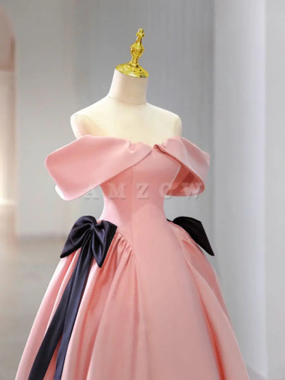 Amzcw Pink Satin Long Prom Dress Pink Formal Evening Dresses prom dress in store