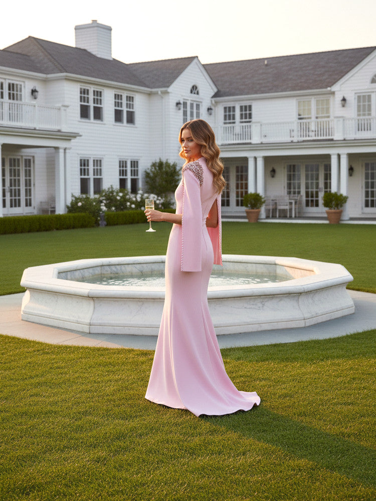 Pink Satin Long Sleeve V-Neck Mermaid Evening Dresses for Formal Events Weddings Galas