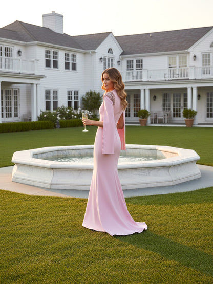 Pink Satin Long Sleeve V-Neck Mermaid Evening Dresses for Formal Events Weddings Galas