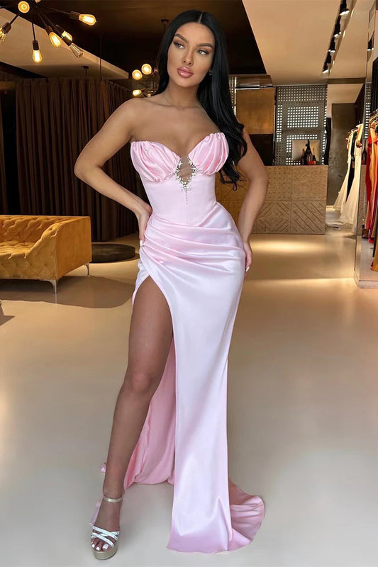 Pink Satin Maxi Prom Dresses with Strapless Plunge Neckline Beaded Trim Ruched Slit for Prom and Red Carpet