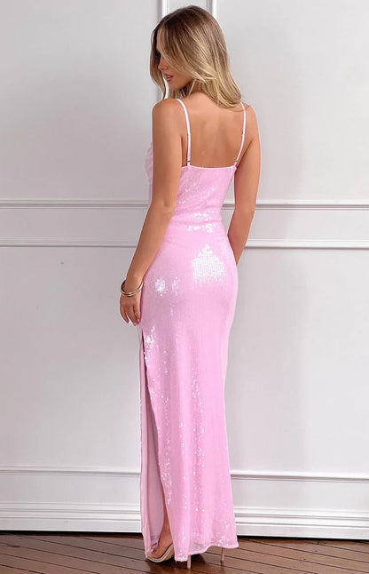 Pink Sequin Maxi Dresses with Twist Front V Neck Thin Straps and Side Slit