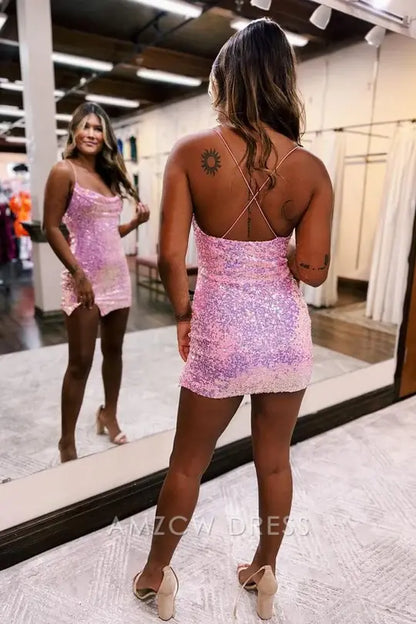 Amzcw Elegant Pink Sheath Straps Mini Homecoming Dress with Sequins formal wear dresses
