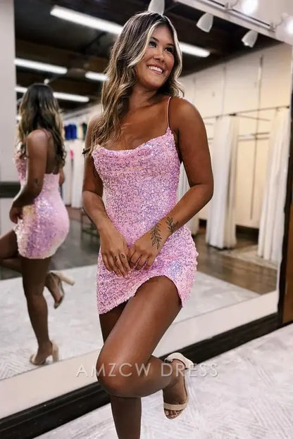 Amzcw Elegant Pink Sheath Straps Mini Homecoming Dress with Sequins formal wear dresses