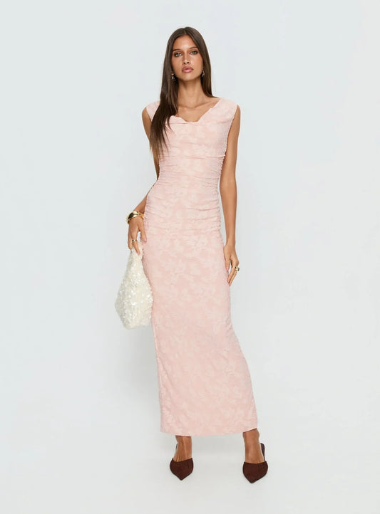Pink Sleeveless Prom Dress with Floral Jacquard and Cross Back Detail for Formal Events and Prom Nights