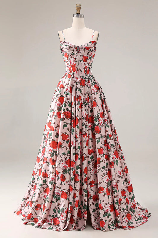 Pink Spaghetti Strap Red Rose Print Satin Prom Dress with Corset Back and Train