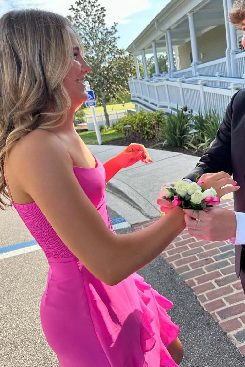 Vestido de fiesta largo con volantes y tirantes finos en color rosa de Amzcw